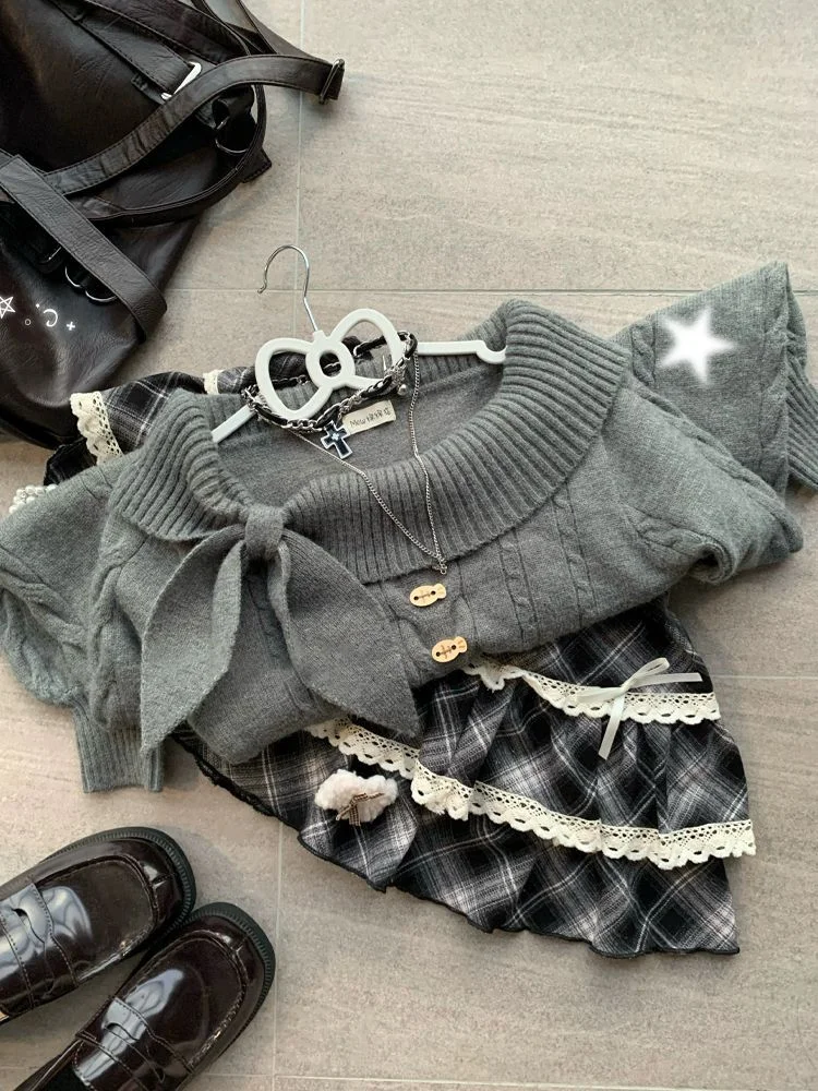 

Autumn Winter Retro Knit Pullover Woman Y2k Bow Long Sleeve Design Harajuku Warm Sweater Feamale Chic Korean Popular Clothes