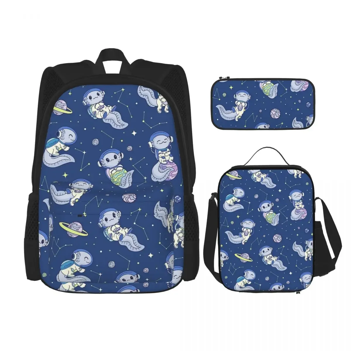 Just A Girl Who Loves Axolotls Space Axolotl Pattern Backpacks Boy Girls Bookbag Kids Rucksack Lunch Bag Pen Bag Three-Piece Set