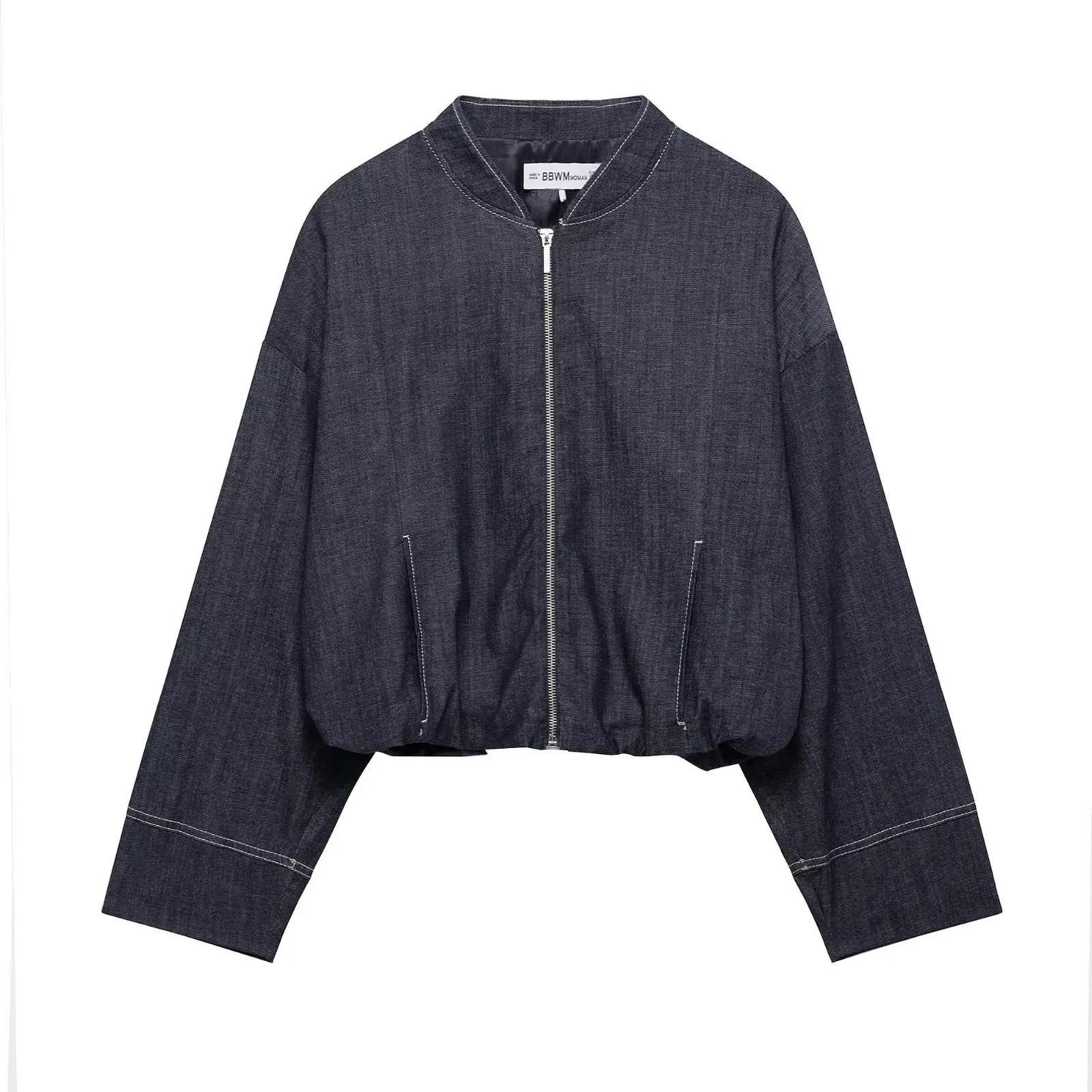 HH Neue Street Fashion Denim Bomber Jacke Für Frauen Einfarbig Stehkragen Zipper Mit Tasche Ballon Stil Kausalen Mäntel – Detail 3