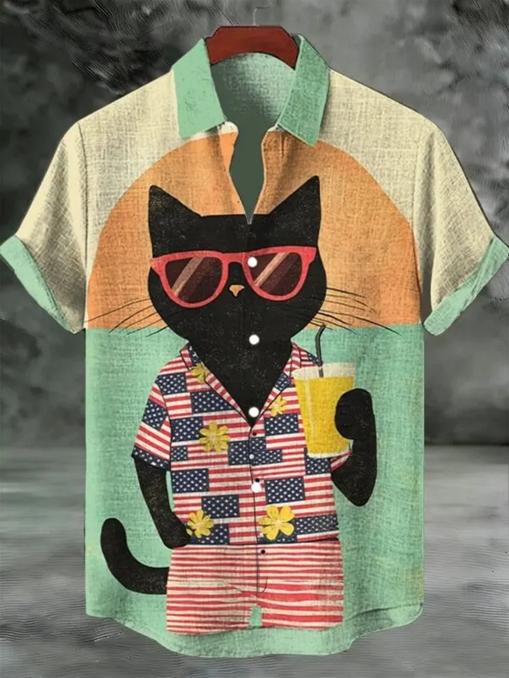 

New Lime Green Gradient Bottom Black Cat Riding Gold Flying Dragon Illustration Printed Men's Short sleeved Shirt