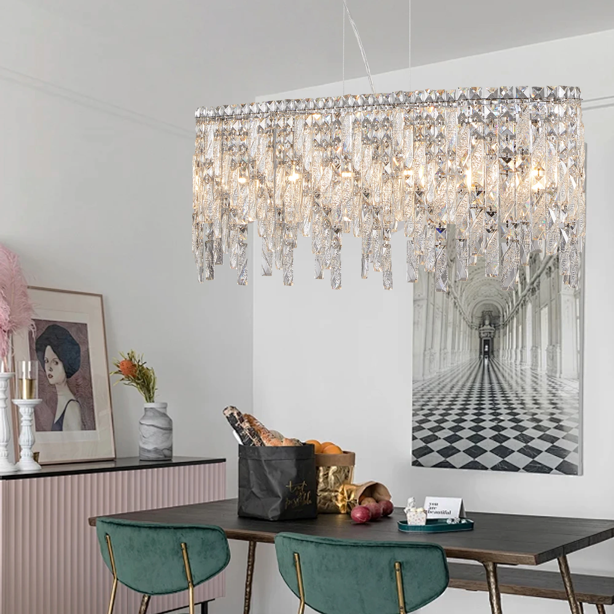 Silver Elegant Oval Crystal Chandelier, Modern Ceiling Light Fixture with Reflective Hanging Crystals(Bulbs Not Included)