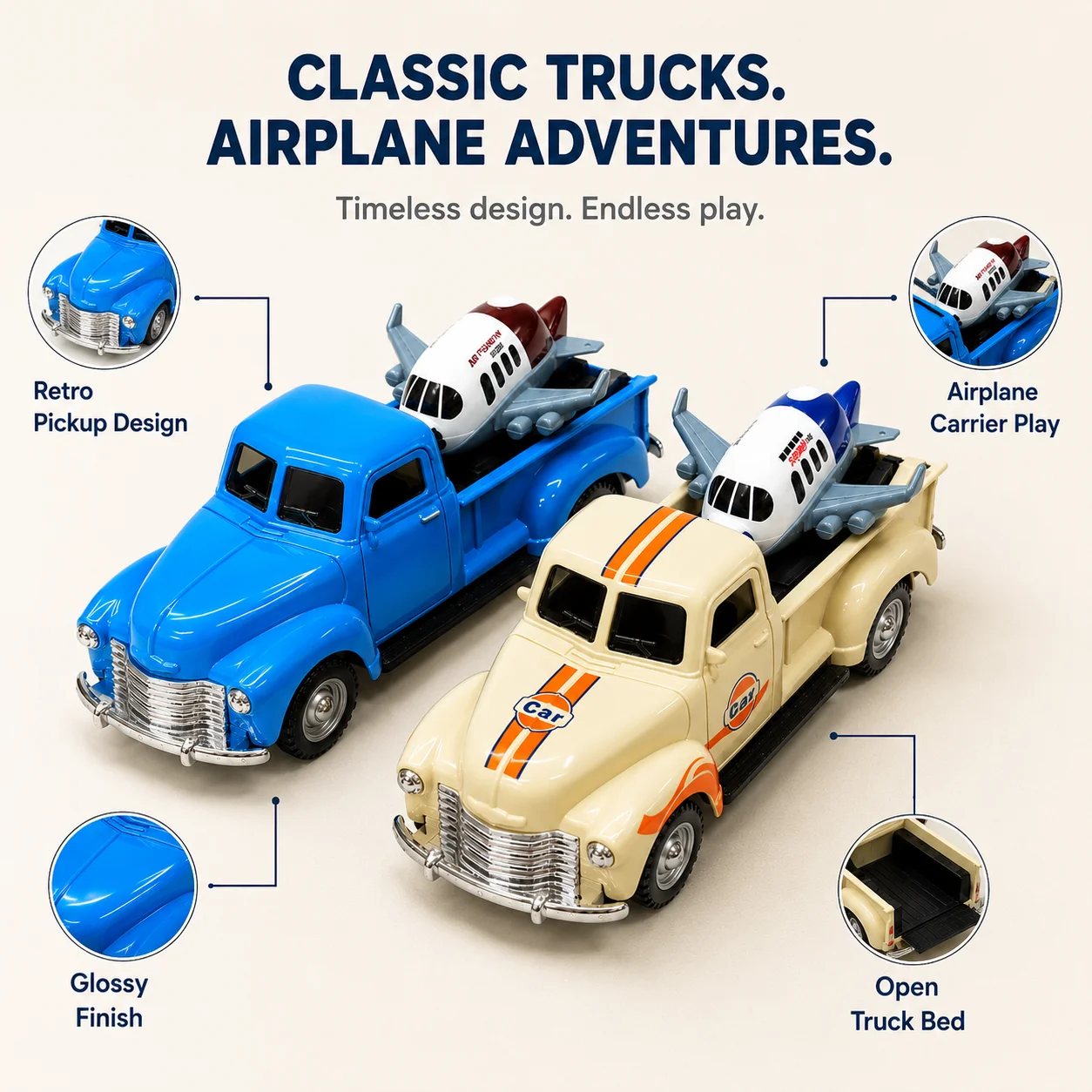 MQUDUO Classic Pickup Truck and Airplane Set, Blue and Cream Orange Cargo Vehicles with Random Color Planes, Retro Gift