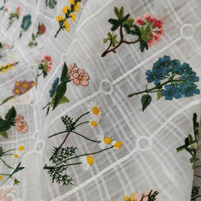 White Embroidered Fabric Colorful Mini Floral Cotton Fabirc For Sewing Clothes DIY Handmade Skirt Dress Table Cloth