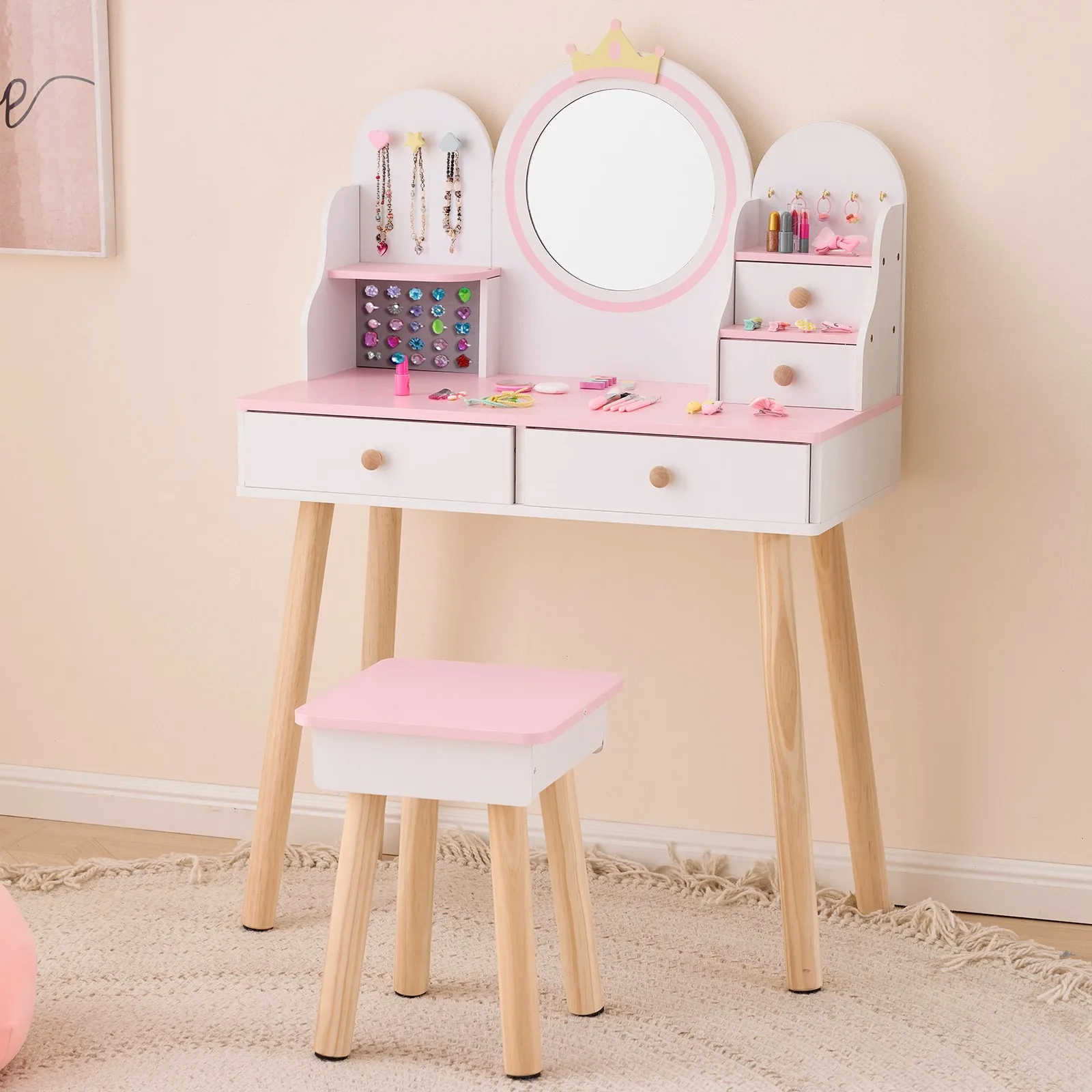

Christmas Gift for Kids Girls Children's Vanity Table Set with Mirror & Stool