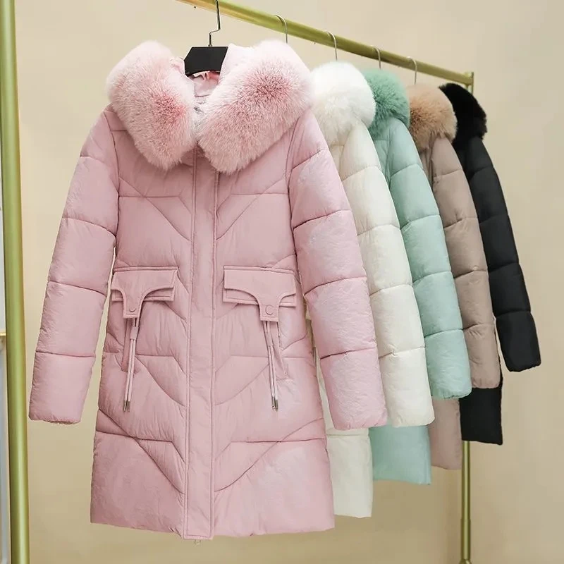 

2023 Women Winter Jacket Coat Hooded Parkas Big Fur Collar Padded Long Down Cotton Jacket Warm Thick Puffer Snow Female Outwear