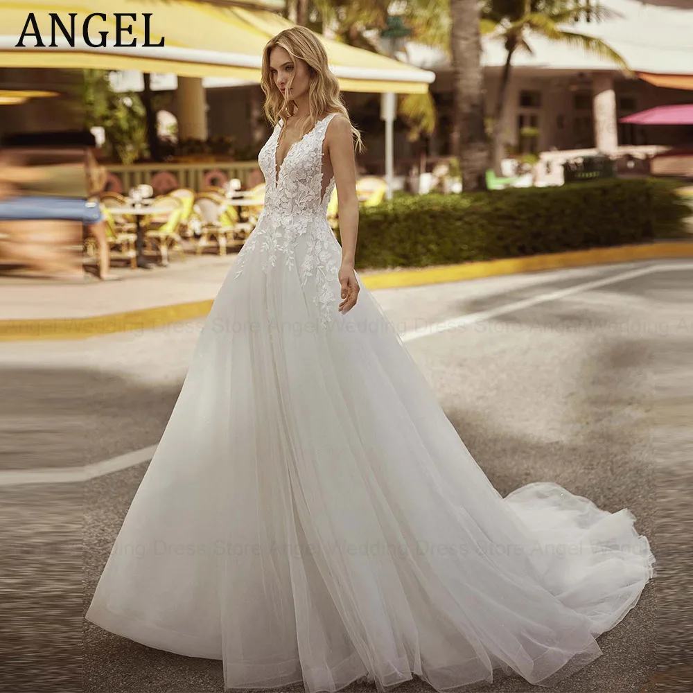 

ANGEL Ivory Tulle A-line Wedding Dresses Boho Sleeveless V-Neck Svatební šaty Sexy V-Neck Backless vestidos de novia 2024