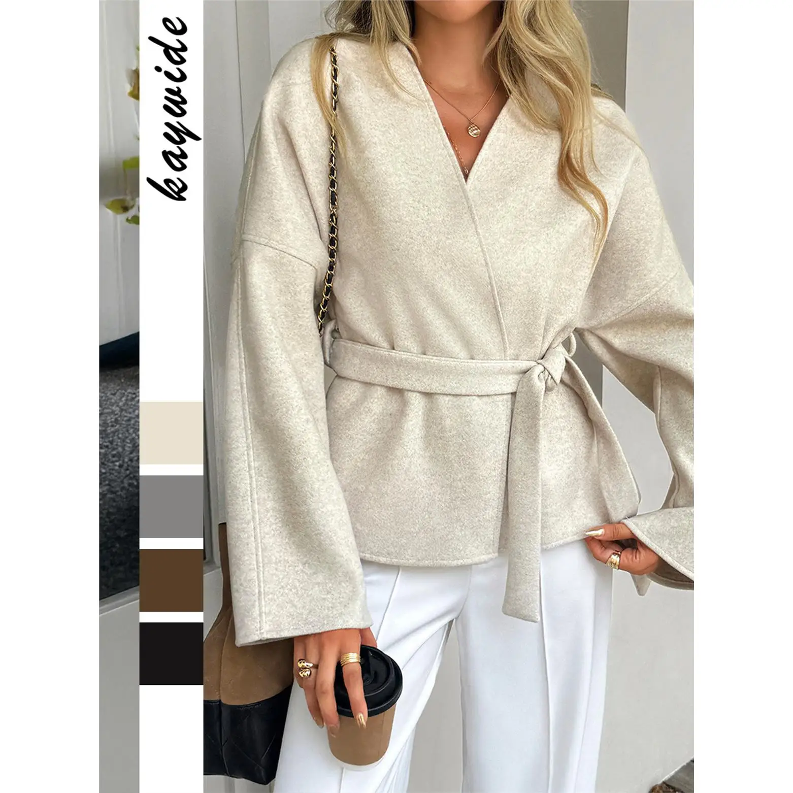 Holiday Tie Long Sweater Suit Jacket Women's Clothing Loose Fit Polyester Fiber Banded Pure Color No Button Long Sleeve Coat
