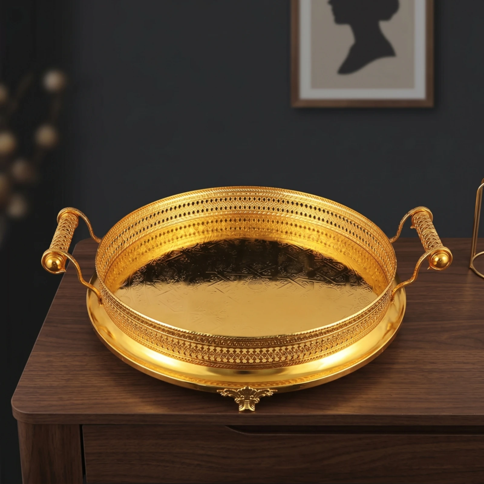 Decorative Metal Tray Pierced Metal Serving Tray Decorative Platter Footed Shallow for Home Decorators, Living Room, Tea Service