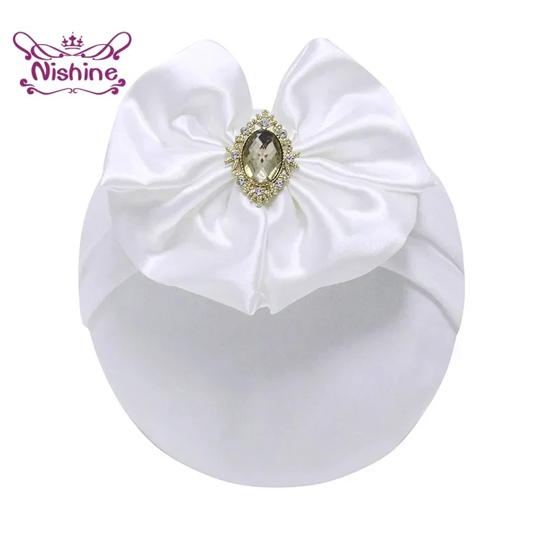 1PCS Solid Color Satin Bowknot Infant Headband with Rhinestone Baby Soft Comfortable Elastic Nylon Headwraps Hair Accessories