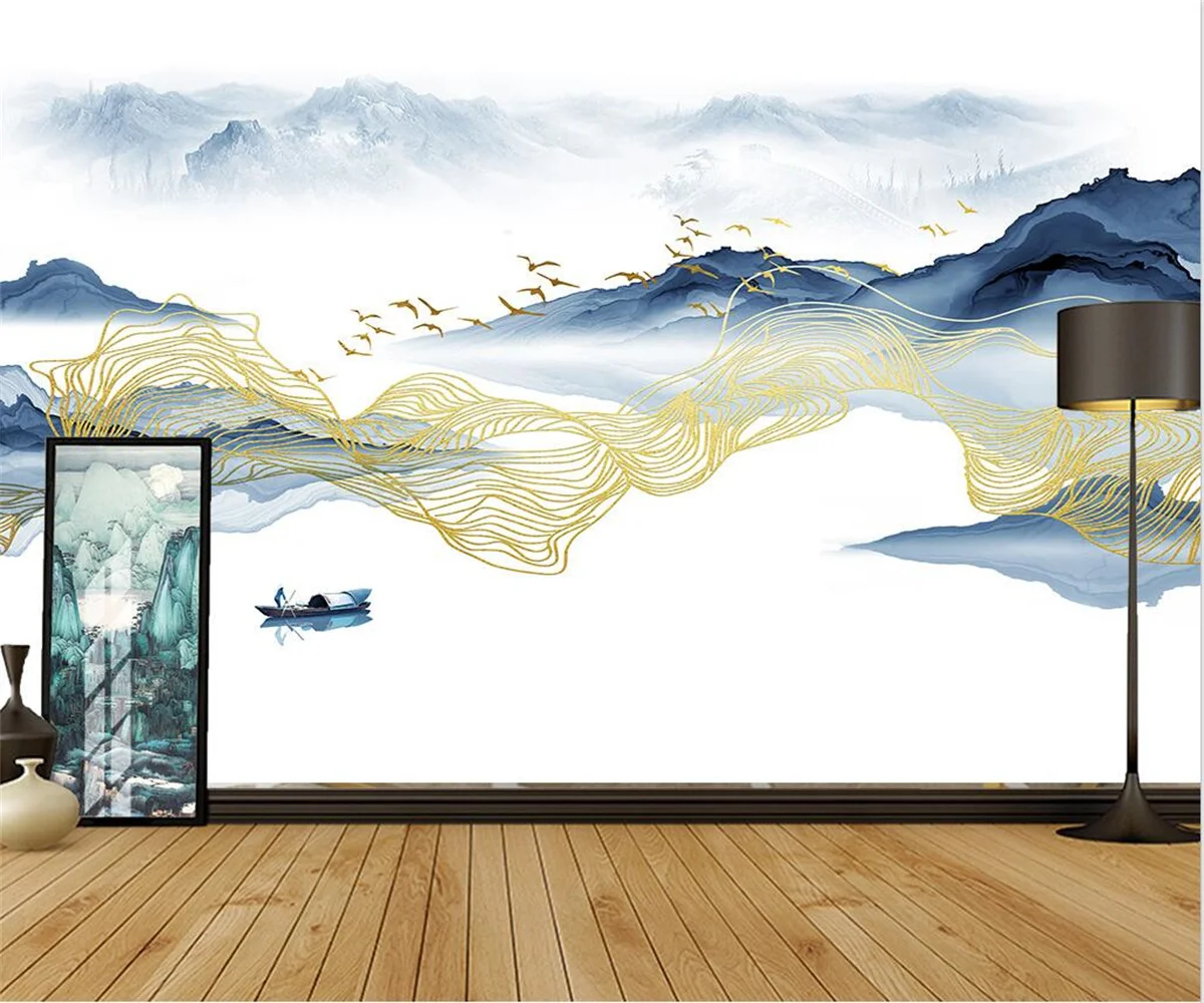 

decorative painting Custom new Chinese style landscape ink postmodern line bird living room TV background wall 3d wallpaper