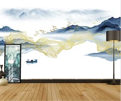 decorative painting Custom new Chinese style landscape ink postmodern line bird living room TV background wall 3d wallpaper