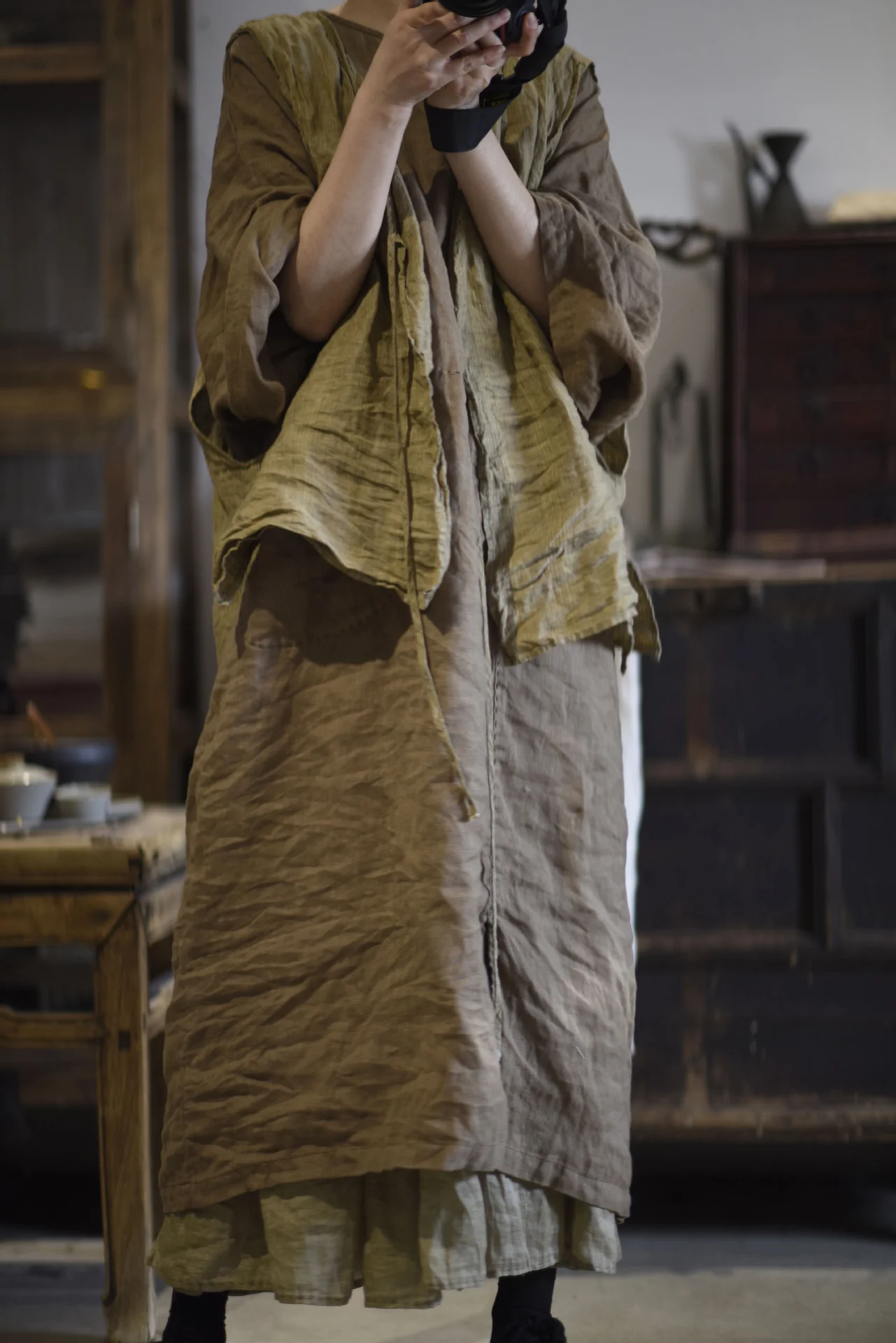 Original Spring New Artistic Color Woven Stripe Linen Open Cardigan Belted Dr round Ne Pullover Long Robe 