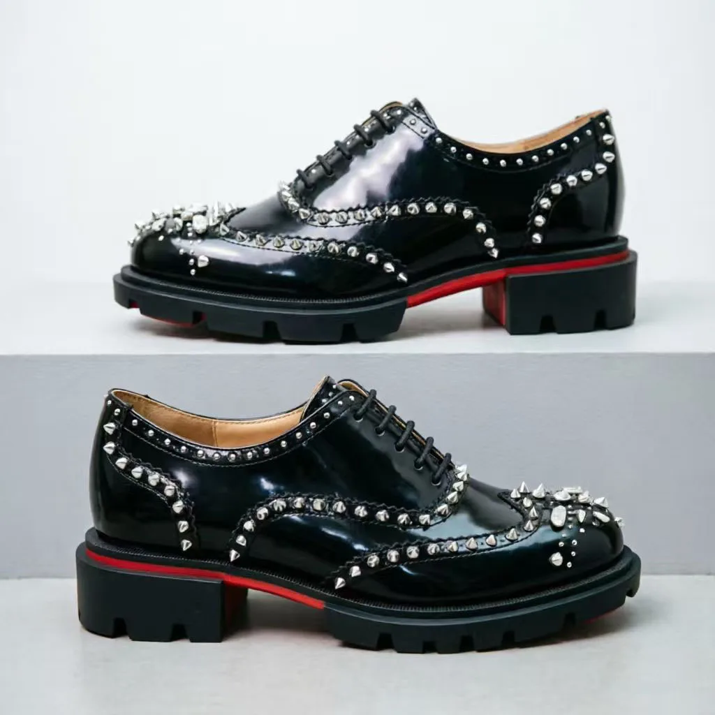 New Men's Leather Oxford Shoes with Crystal Rivets Thick Sole Red Bottom Style Formal Dress Shoes for Wedding Party Prom