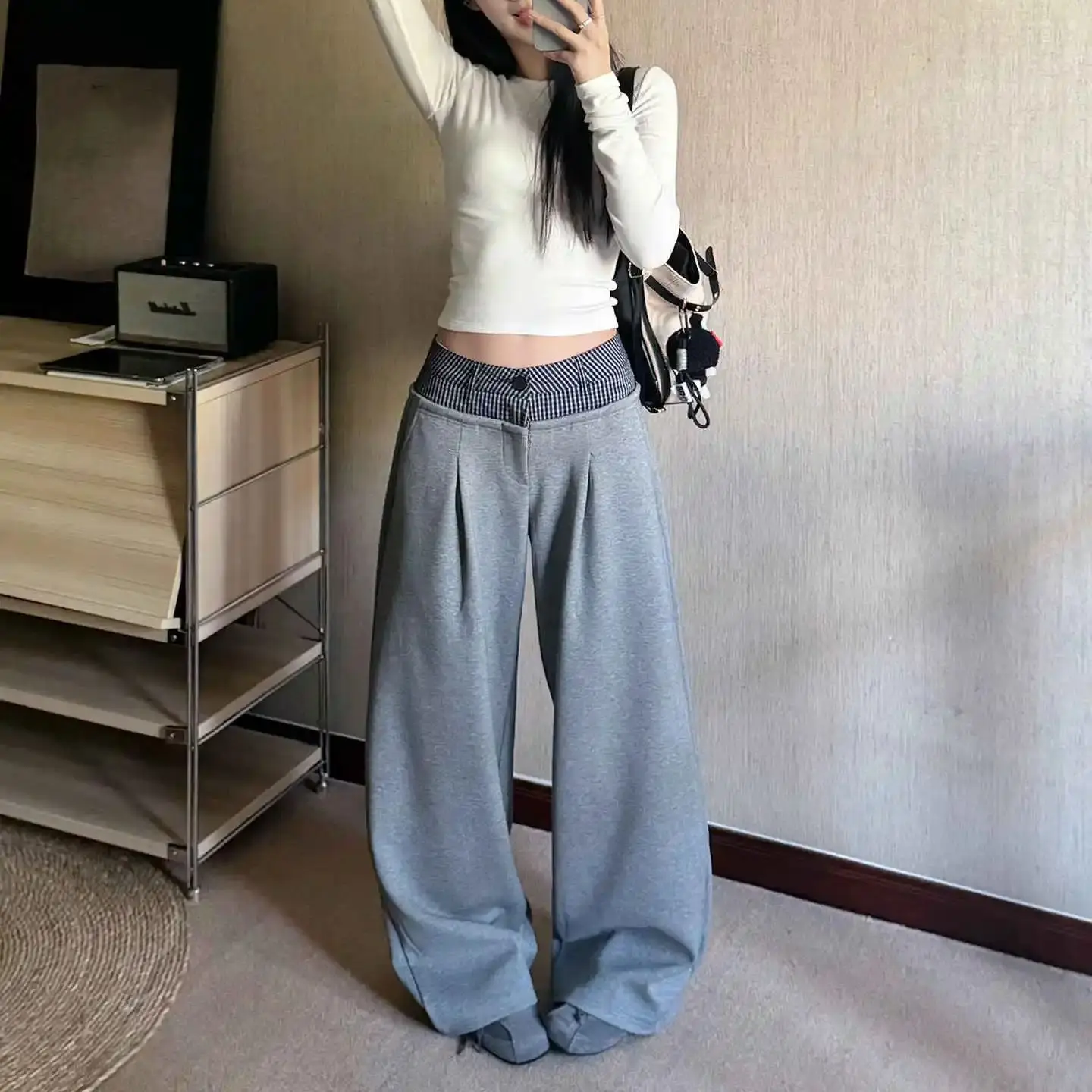 American Style Double Waisted Checker Wide Leg Pants Women's Spring Autumn 2026 New Low Waisted Hanging Sports Sweatpants