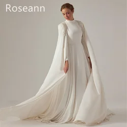 Vestidos de novia de corte en A de marfil exquisito musulmán, apliques de cuello alto, drapeado completo plisado vestido de novia, longitud de Anke