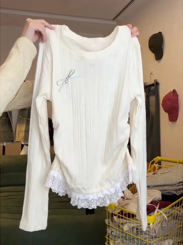 

plus Size Women's Lace Splice Long Sve Base irt T-irt Autumn Winter New Sle Ele Beautiful Top Korean Sle Slim Fit