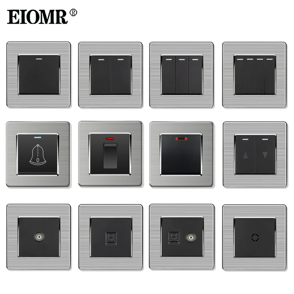 EIOMR UK Wall Light Switch 86mm*86mm Rj45 Ethernet TV Port Wall Socket Black Stainless Steel Panel Safety Flame Retardant Outlet