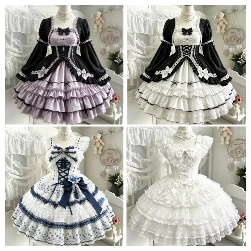 Japanisches Vintage-Lolita-JKS-Kleid für Damen, Spitzenkleid mit Rüschen und Schleifenriemen, süßes Kawaii-Outfit, A-Linien-Kleid für Geburtstage und besondere Anlässe