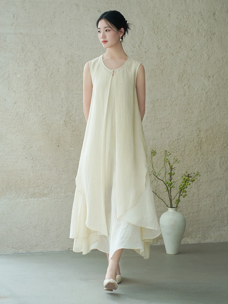 

New Chinese Sle Cold Tone Hanfu Long Dr 00 Yards Flax Material Ruched Waist Svel round Neline Summer Faion