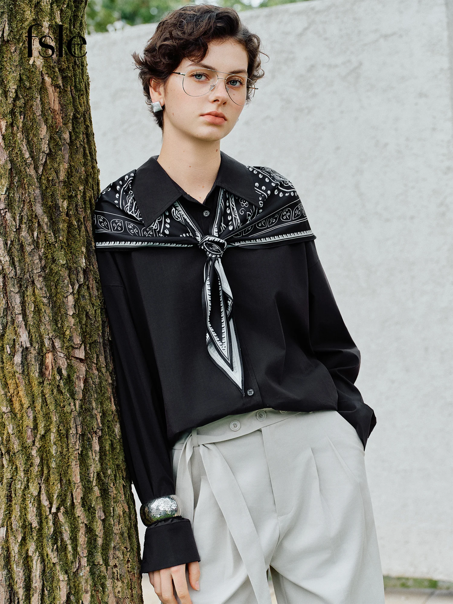 

Женская блузка FSLE с винтажным принтом и длинным рукавом, с воротником-шарфом из шелка, отложным воротником, для повседневной носки, новинка 2026 года