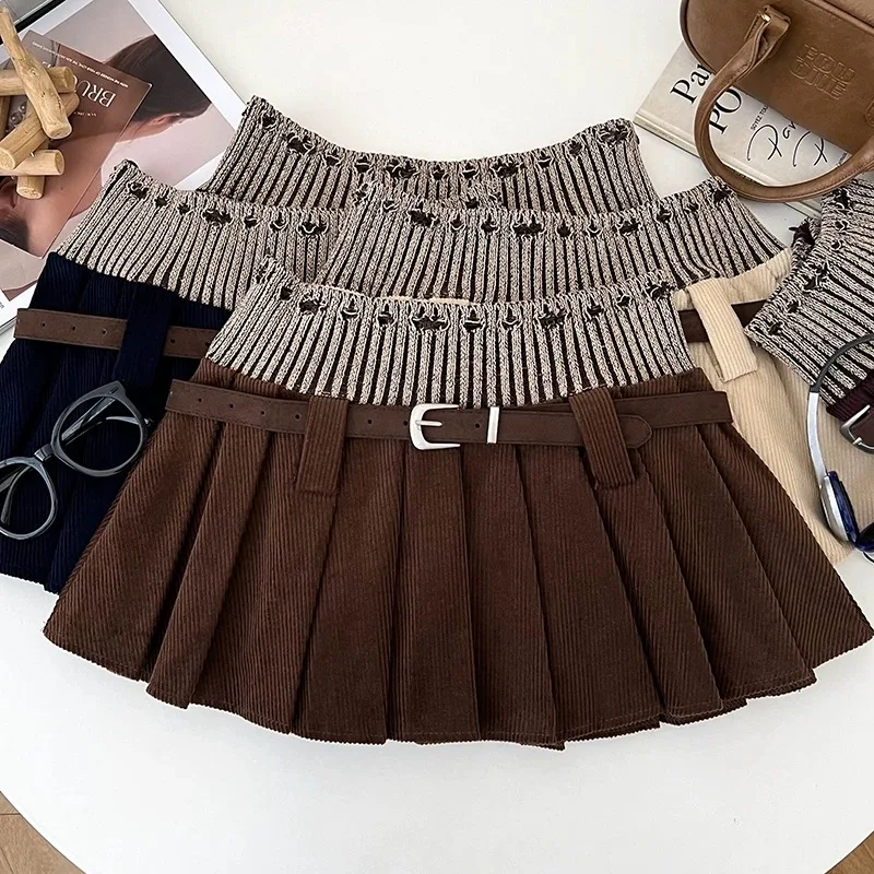 

New Preppy Knitted Patchwork Skirt Women Fashion High Waist Slim Pleated Elegant Mini Skirts Lining A-line Mini Corduroy Jupe