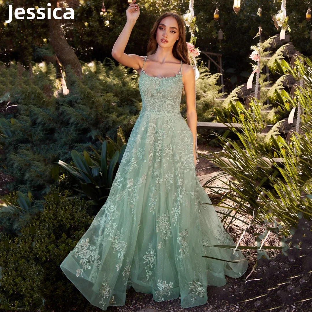 Jessica Lace Embroidery Appliqué Prom Dresses Luxury Glitter Tulle Evening Dresses Green Graduation Party Dresses Wedding Dress