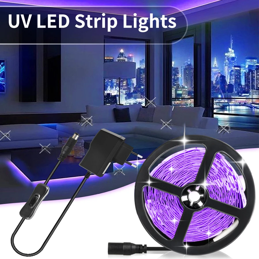 UV LED Strip Lights Flexible LED Tape Ultraviolet Lamp 385-400nm Black Light 2835 SMD DC12V 5M 10M 15M LED Ribbon for Glow Party