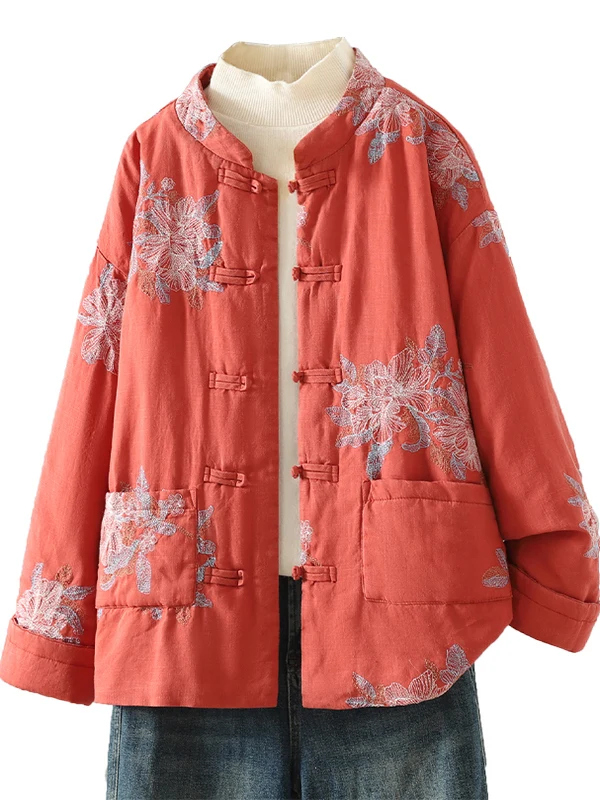 سترة القطن للسيدات من Ele مع تطريز فضفاض ومريح من مادة الكتان متعددة الاستخدامات، الاتجاه الوطني الصيني #5