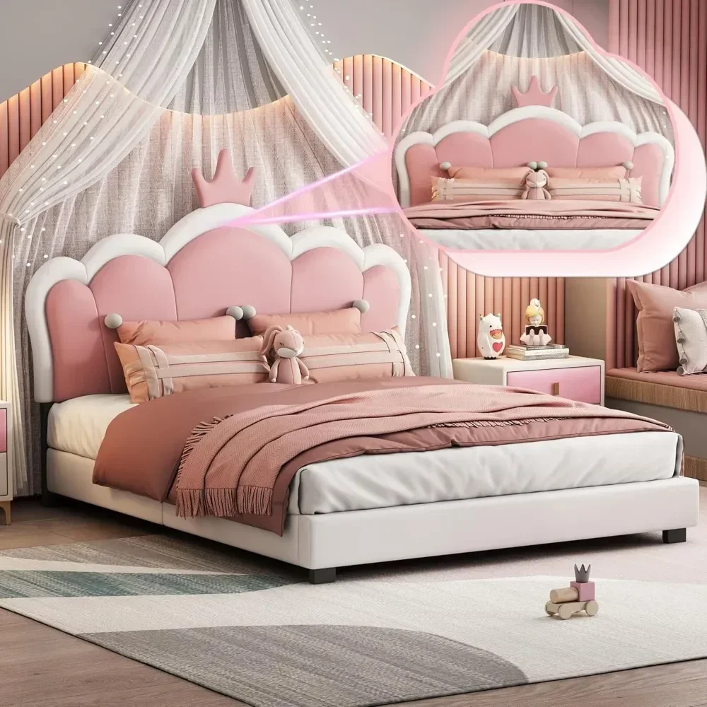 Upholstered Princess Bed with Crown Headboard, Full Size Platform Bed with Headboard and Footboard Suitable for girls