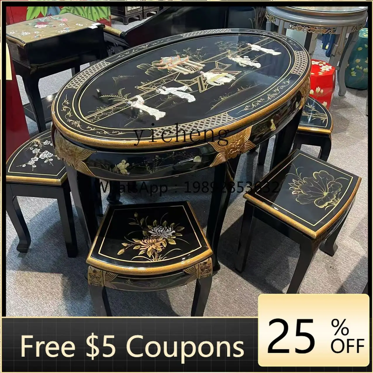 WW  hand-painted carved Huadan table, black stone flower dining table and chairs, one table and six chairs, Chinese furniture