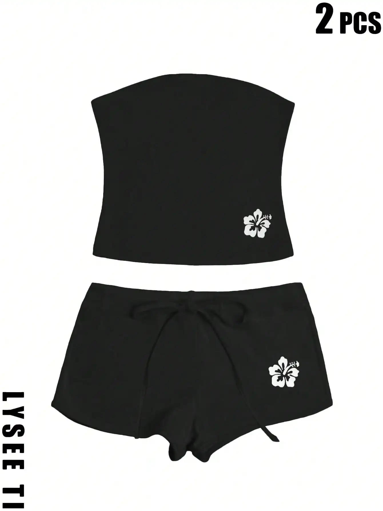 2pcs 레드 Y2K 백리스 튜브 탑 & 반바지 세트, 화이트 히비스커스 프린트, 비치 스타일 여름 의상