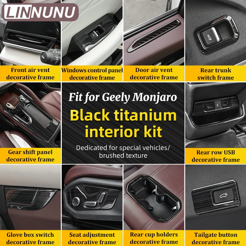 

LINNUNU Car Center Console Cover Gear Frame Trim Black titanium Kit Accessory For Geely Monjaro Kx11 Manjaro Trunk button cover