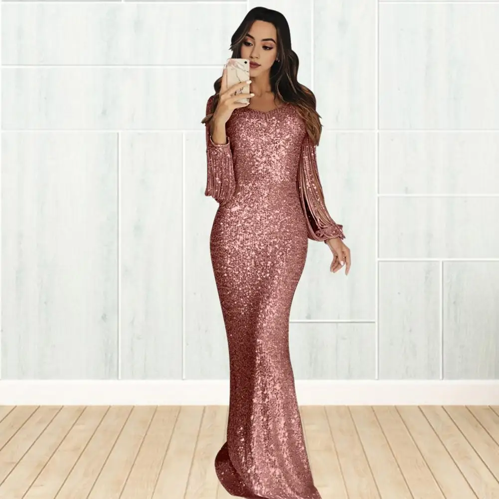 

Women Party Dress Slim Fit V Neck Tassel Sleeves Sheath Maxi Dress Solid Color Sequin Fishtail Hem Evening Dress For Prom