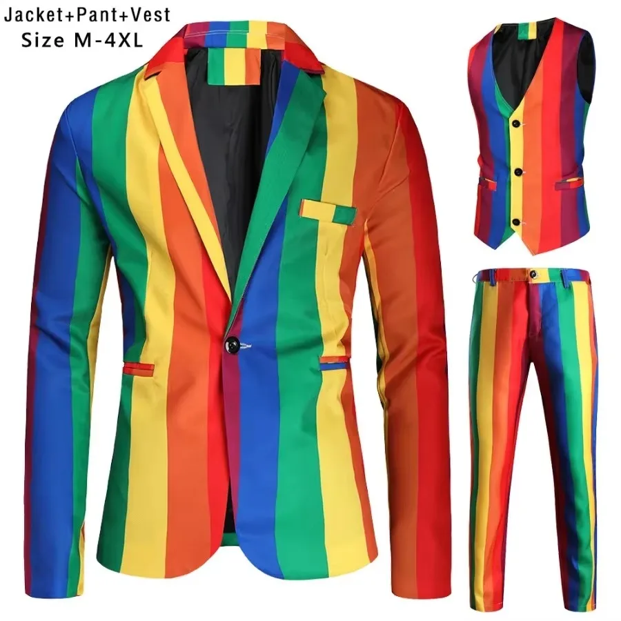 Blazer da uomo set blazer con stampa a righe arcobaleno giacca + pantaloni + gilet uomo tre pezzi set Prom Party Stage Singer Dancer Costumes