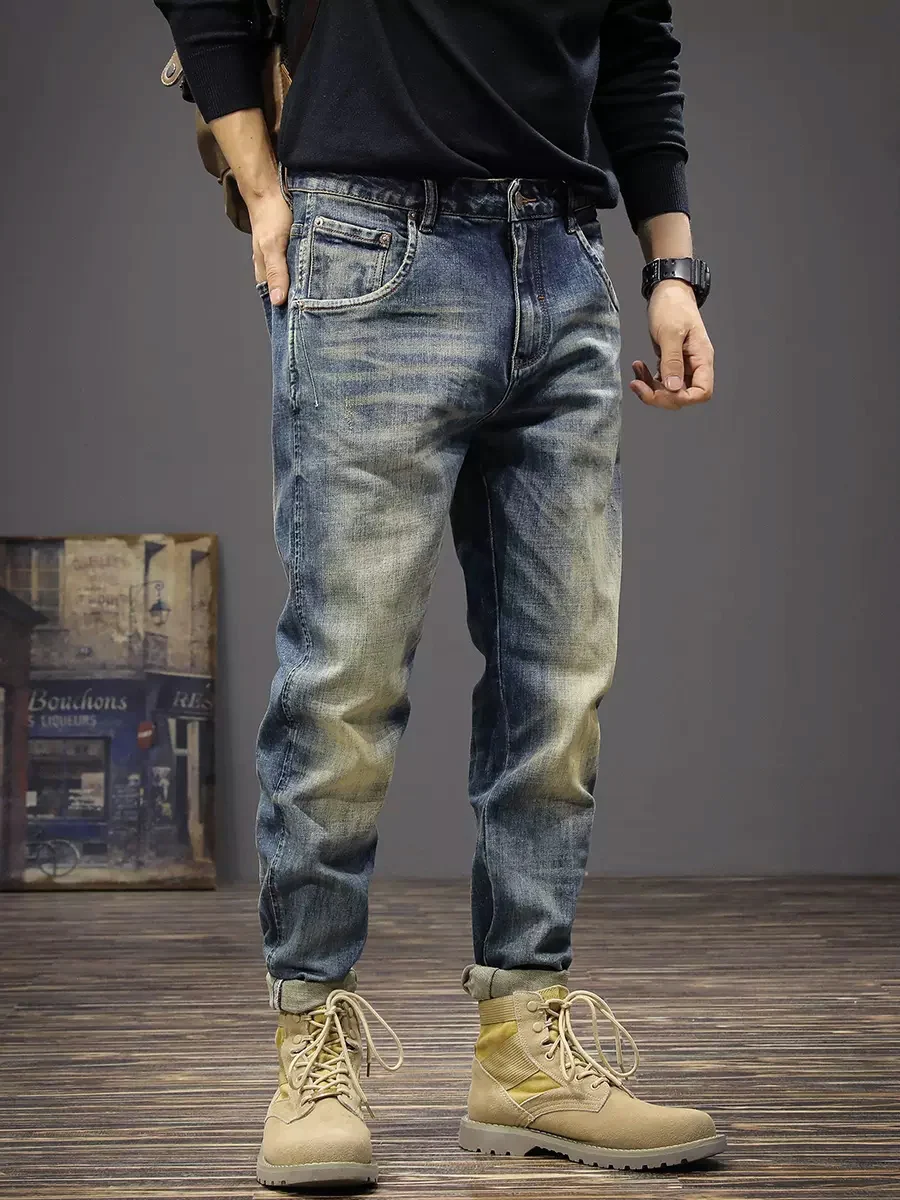 Projektant mody Męskie dżinsy Wysokiej jakości retro sprane niebieskie rozciągliwe Slim Fit Ripped Jeans Mężczyźni Włoski styl Vintage Denim Pants