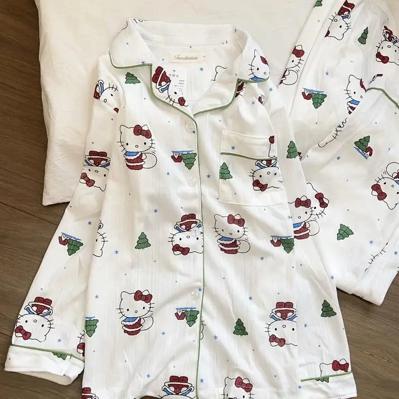 

Sanrio Hello Kitty Women's Christmas Sleeping Pajamas Sets Kawaii Cartoon Spring and Autumn Long Sleeve Pants Leisure Homewear