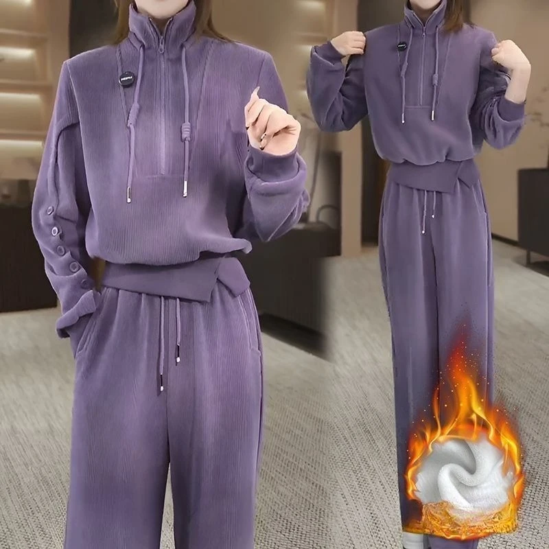 Conjunto de dos piezas de pantalones de pierna ancha de cintura alta para mujer, suéter con cuello levantado y media cremallera, color morado cálido, diseño a la moda