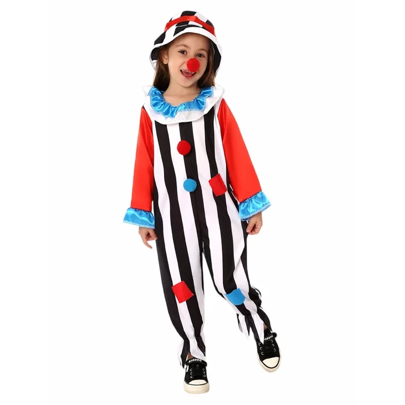 هالوين الاطفال السيرك المهرج زي حللا المرفقة شعر مستعار أحذية الأحمر الأنف يتوهم كرنفال تأثيري للأطفال اللباس