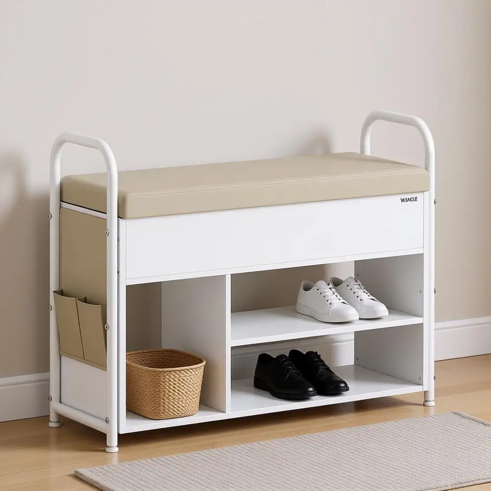 

Shoe Storage Bench with Lid, Entryway Furniture, Inner Storage, PU Drawers, Handles, Suitable for Entryway, Living Room, Bedroom