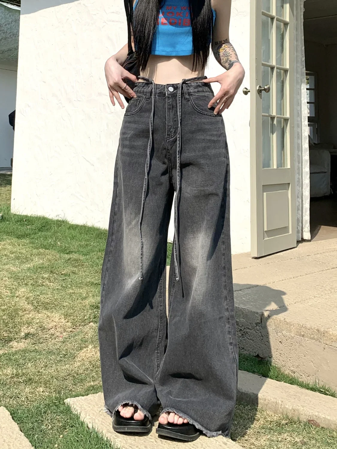 QWEEK Y2K Vintage 90s Black Jeans Grunge Distressed Baggy Denim Pants Female Oversize Korean Style Retro Basic Wide Leg Trousers