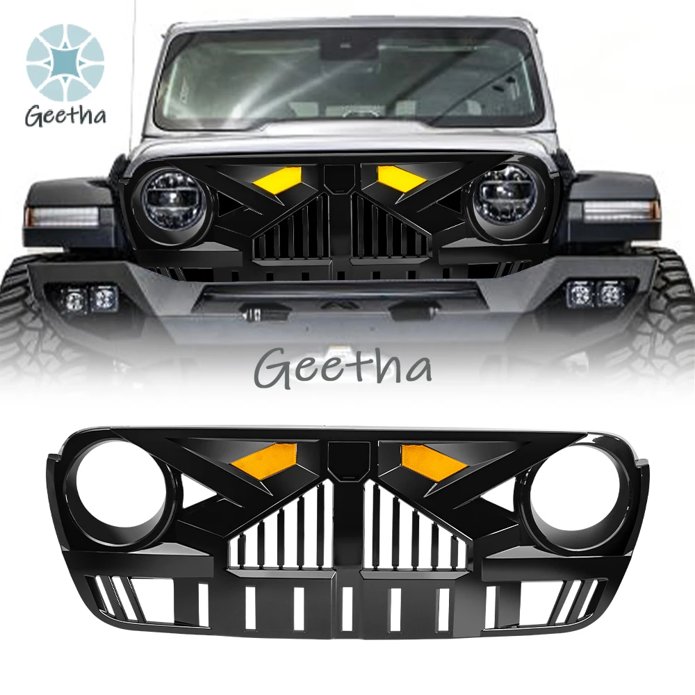 

Glossy Black Front Empire Style Grille Bumper Grill car grills with Amber LED Lights For 2018-2024 Jeep JL JLU JT NEW Plastic