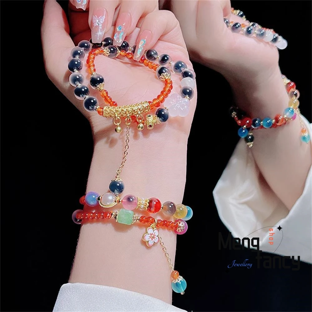 Natural New Double Circle Sugar Heart Agate Bracelet Female Chalcedony Flowers Design Models Ancient Style Jewelry Holiday Gifts