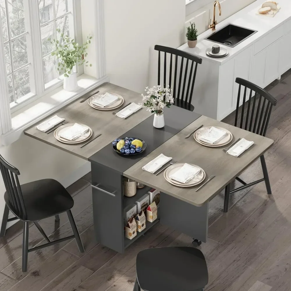 Folding Dining Table with 2 Tier Storage-Extendable Drop Leaf Farmhouse Wood Kitchen Dining Room Tables Set for 4, Charcoal Gray