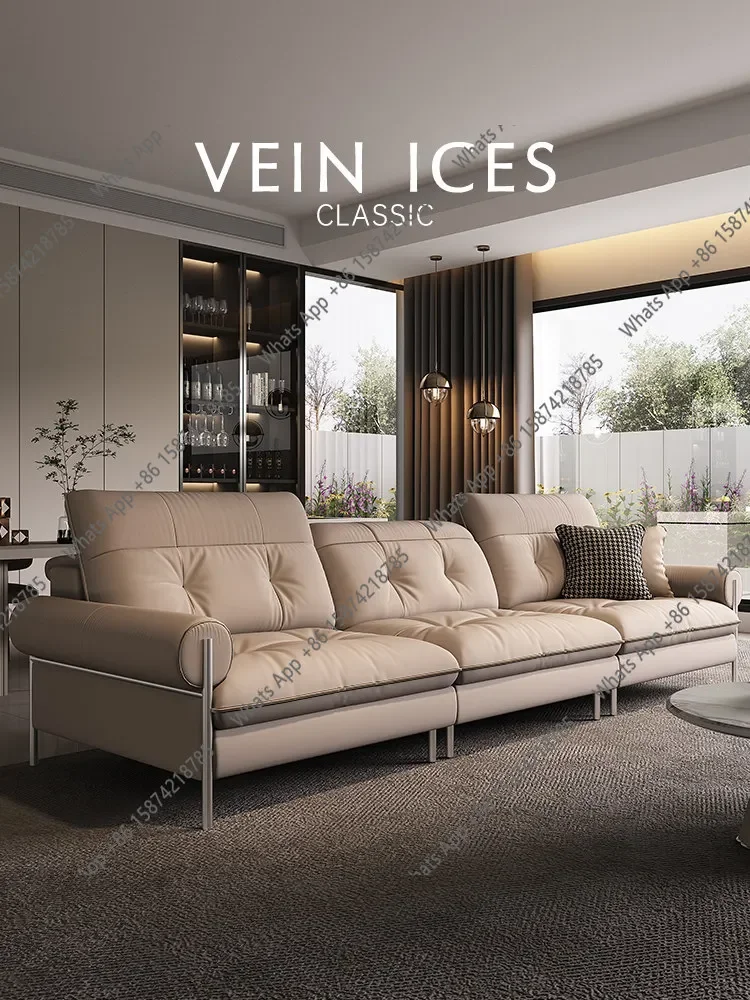 A65 New High-end Cream Bauhaus Medieval Italian Leather Sofa Top Layer Cowhide One-character Straight Row