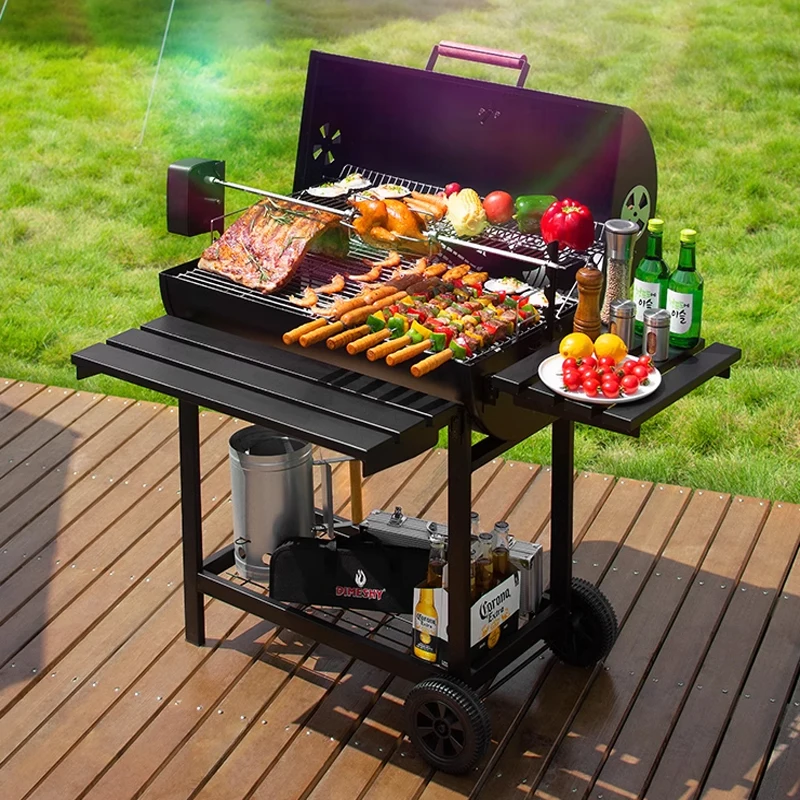 Household Barbecue Grill Charcoal Outdoor Oven BBQ Trolley Temperature Control Adjustable Height Family Party Tool