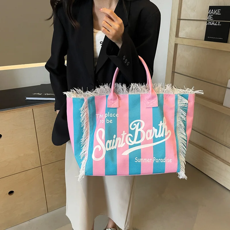 Basic Style Tassel Canvas Women's Shoulder Bags Interior Pocket 2024 New Fashion Large Capacity Pattern High Quality Handbags image 5