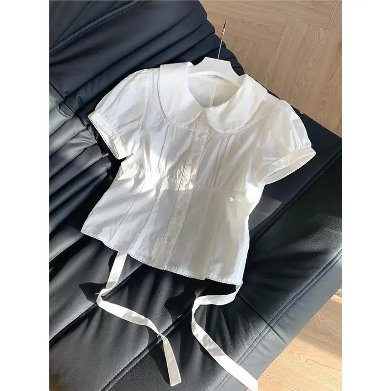 

White ort irt Women's Summer New Waist-Cinching Slim Sweet Spicy ort Sle Cotton Six Sve Women's Cleanfit irt