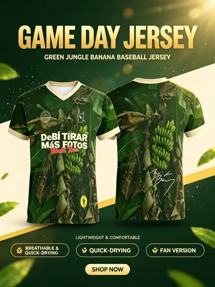 New Bad Bunny World Tour Football Jersey Green Banana Leaf Jungle Print V‑Neck Short Sleeve T-shirt Sportswear Family Kids Tees