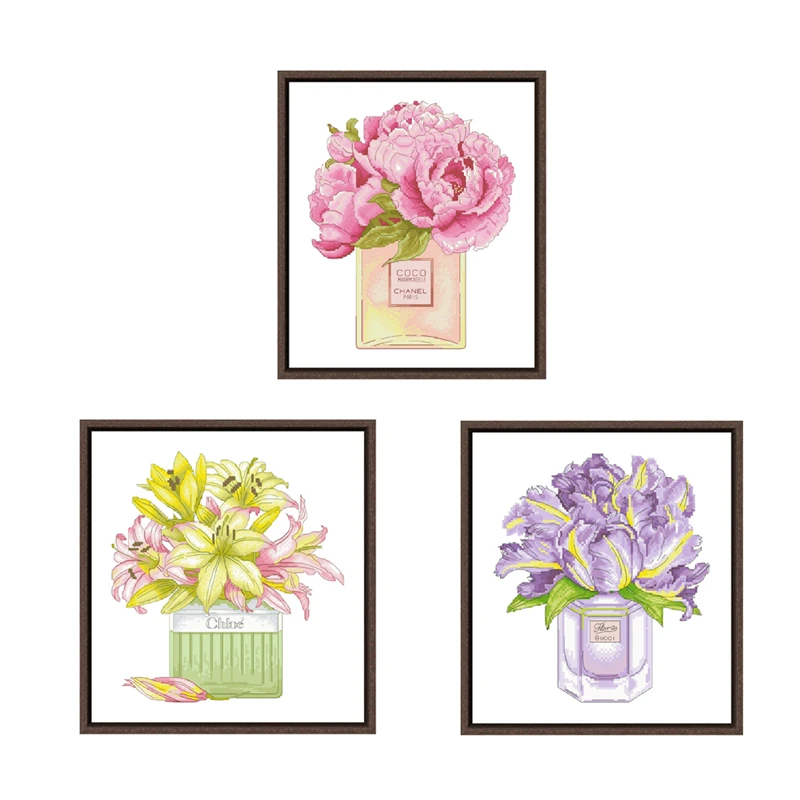 Peony bouquet cross stitch kit Lily Iris Perfume18ct 14ct unprint canvas fabric cloth cotton thread embroidery DIY handmade