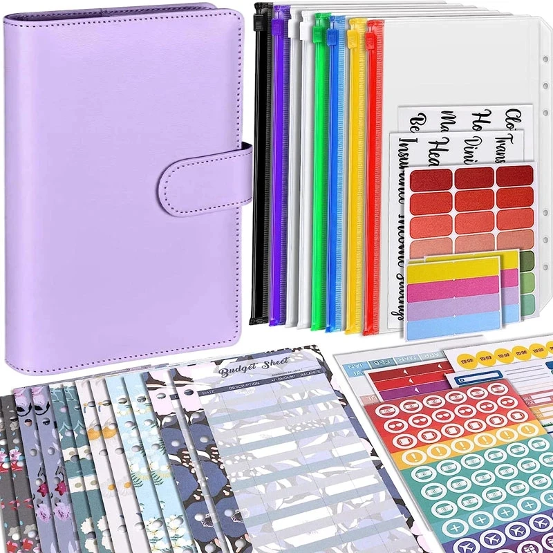 A6 Binder Budget PU Leather Planner Pockets Expense Budget Sheets Notebook Cash Envelope Organizer System with Clear Zipper